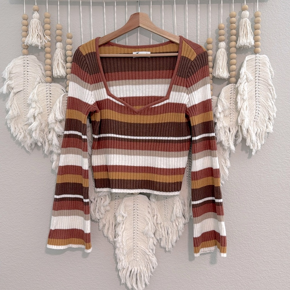 Hollister Co Striped Square Neck Crop Sweater-Large-Flared Bell Sleeve-Retro
